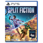 PlayStation 5 game case for 'Split Fiction' with two characters and a futuristic cityscape.